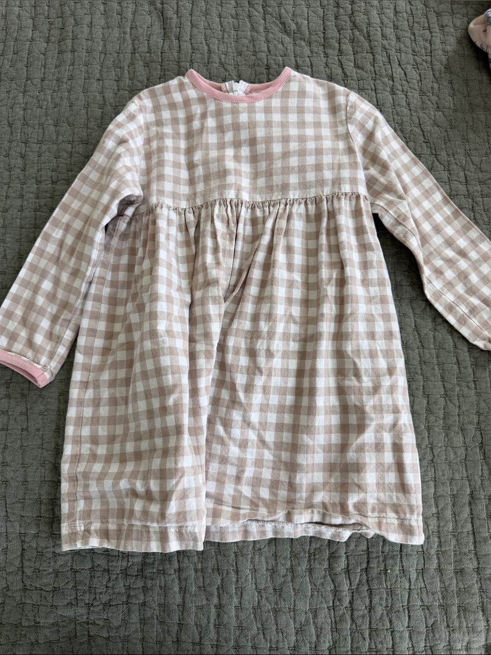 Hannah Kate Girls' Beige & White Gingham Long-Sleeve Dress with Pink Trim